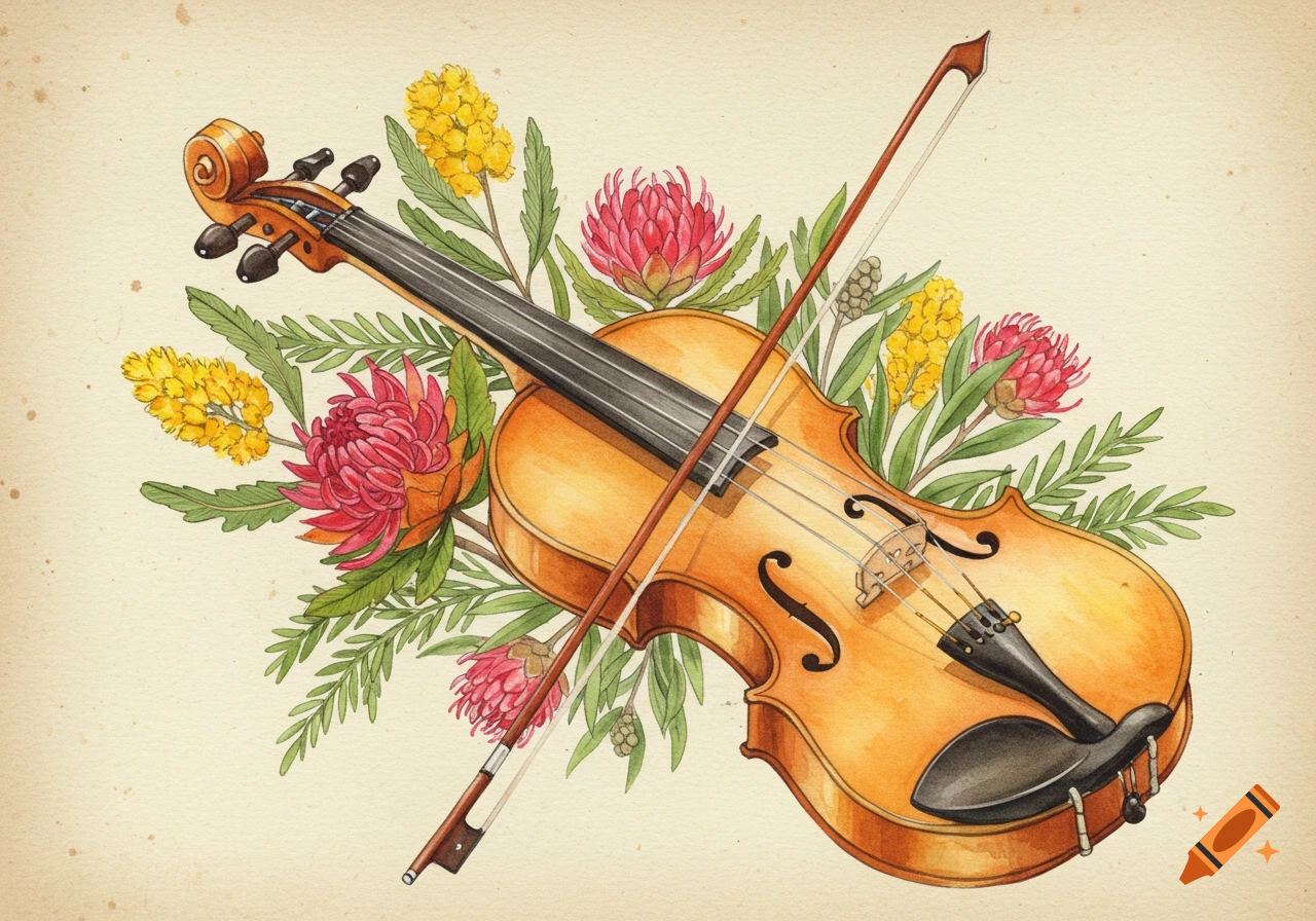 A watercolor painting of a violin and bow surrounded by vibrant pink Waratah and yellow Wattle Australian wildflowers on a textured background.