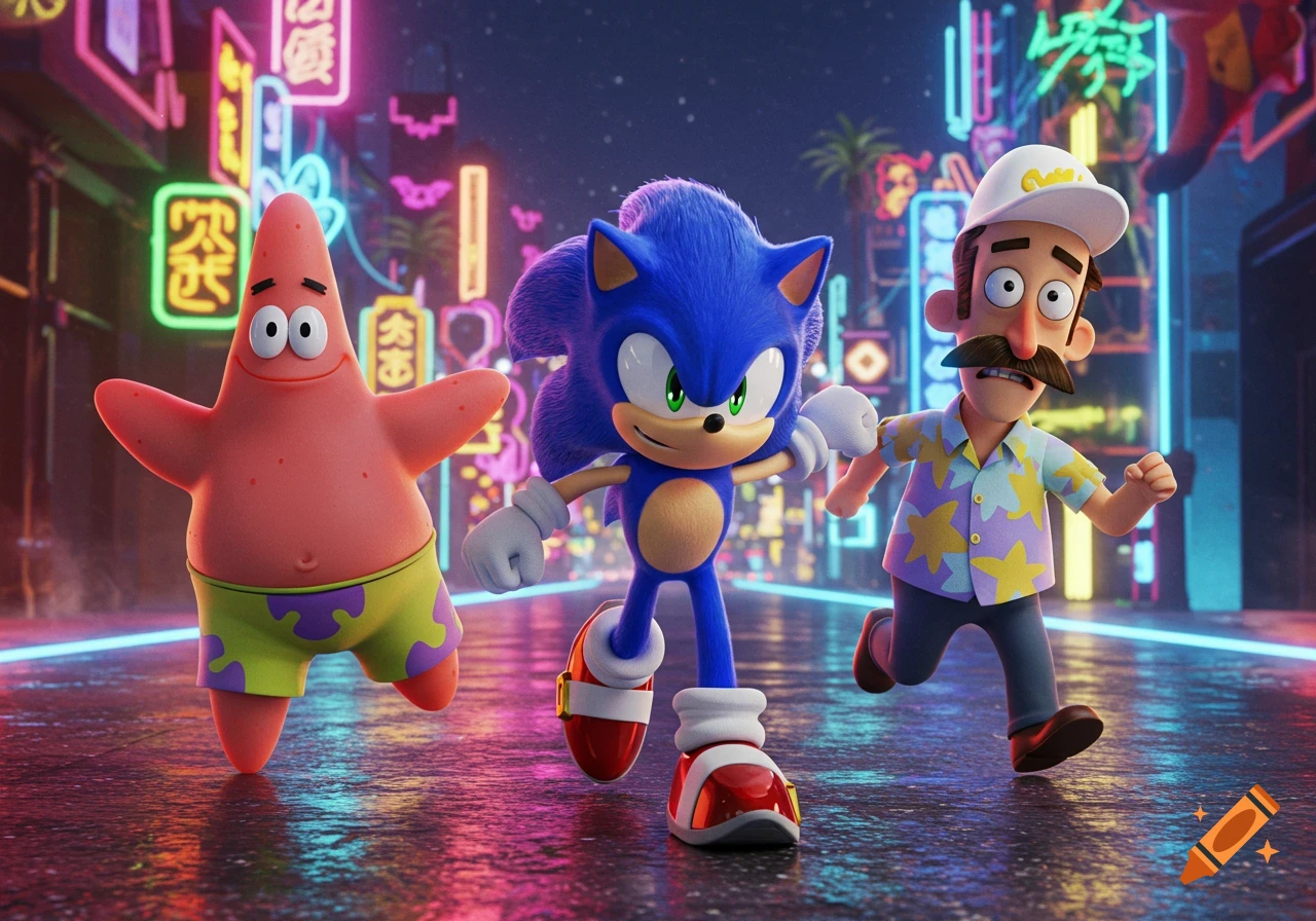 Sonic the Hedgehog, Patrick Star, and Randy Marsh run together down a neon-lit city street at night in a cartoon style.
