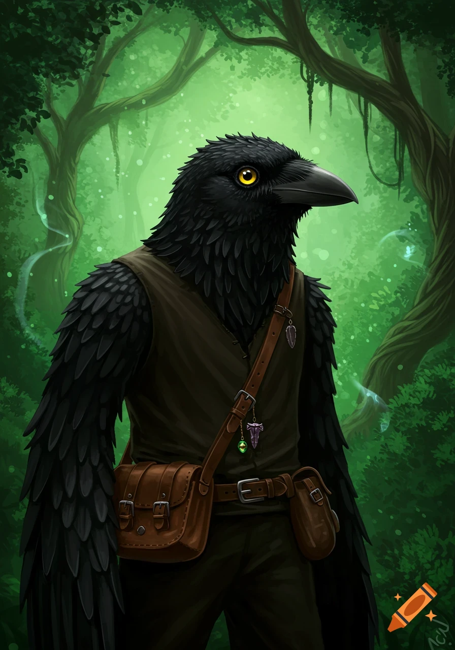A digital illustration of a humanoid crow (Kenku) with yellow eyes, wearing a vest and leather satchel, standing in a vibrant green forest.
