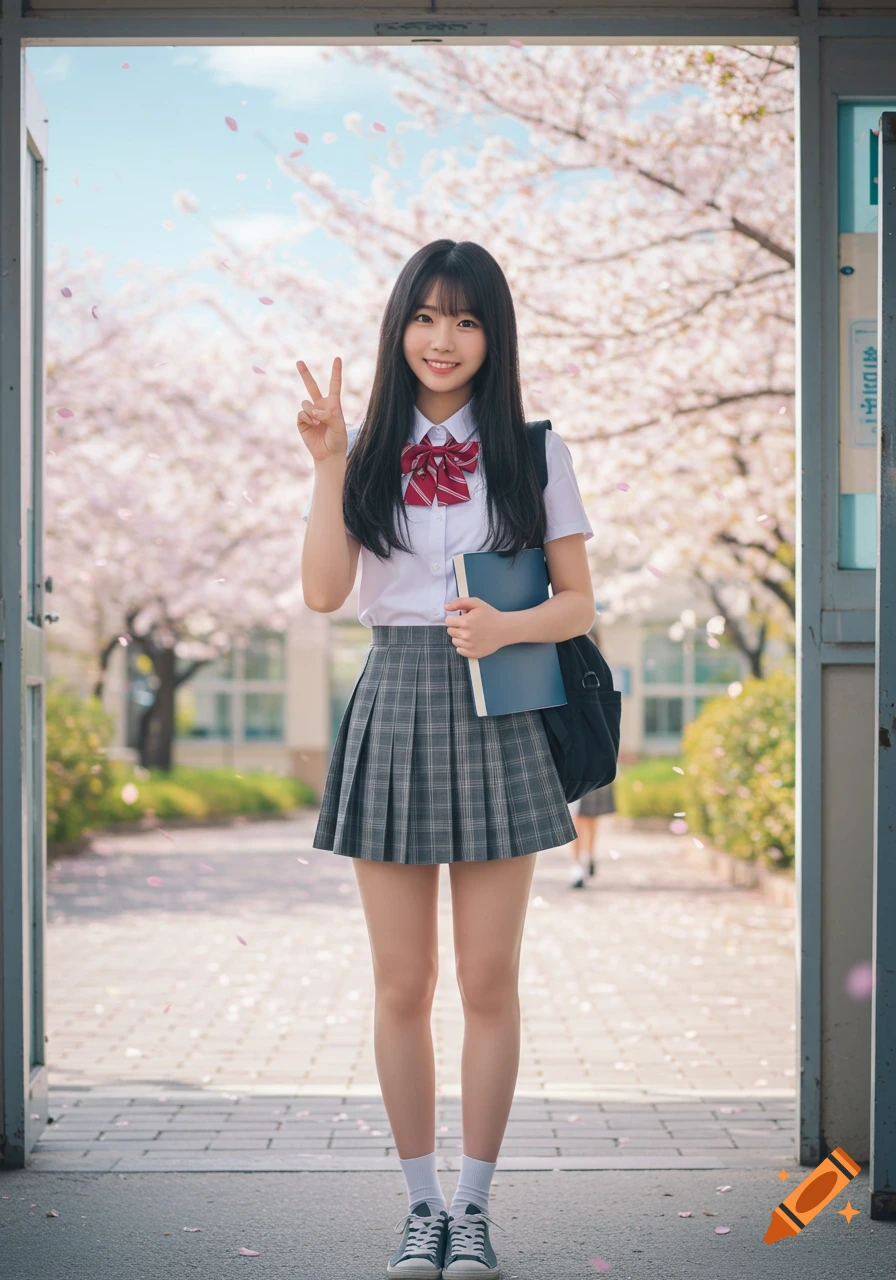 A smiling Korean high school girl in a uniform makes a peace sign, standing at a school entrance with cherry blossoms.