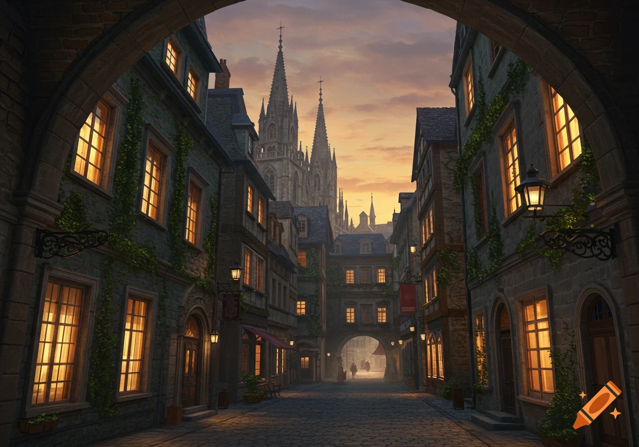 A cobblestone street in a medieval town at dusk, framed by arched stone, with warm lights in windows and a grand cathedral in the distance.