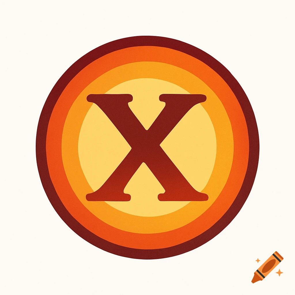 A round logo with a red X in the center, on a background of yellow, orange, and brown concentric circles.
