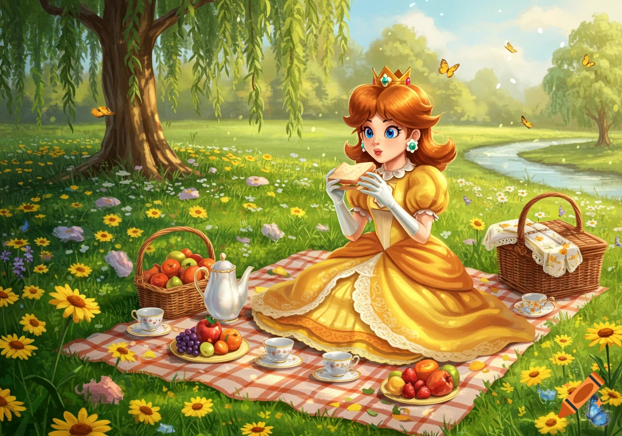 Princess Daisy enjoys a picnic in a vibrant, flower-filled meadow, eating a sandwich on a red plaid blanket, illustrated in a cartoon style.