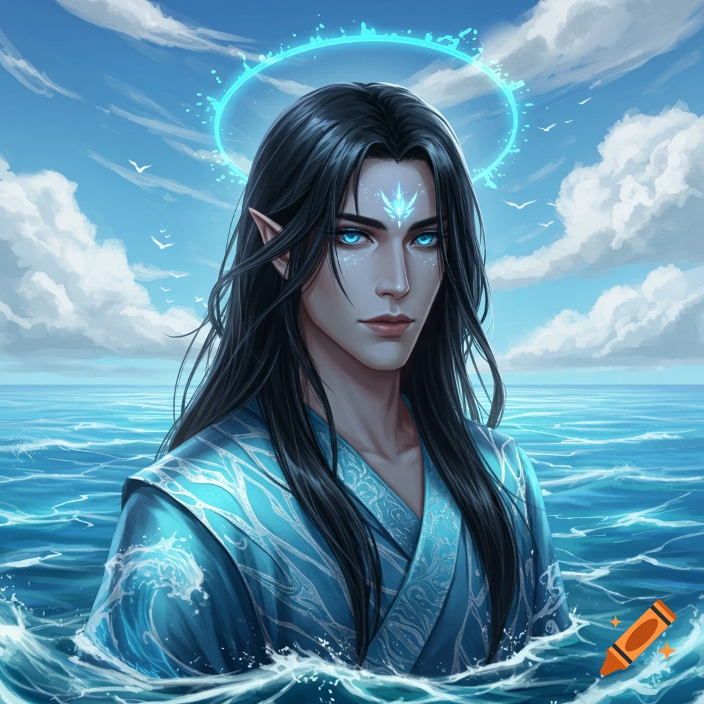 A handsome fantasy sea priest with long black hair, glowing blue eyes, and pointy ears, wearing blue robes, emerges from the ocean under a cloudy sky.