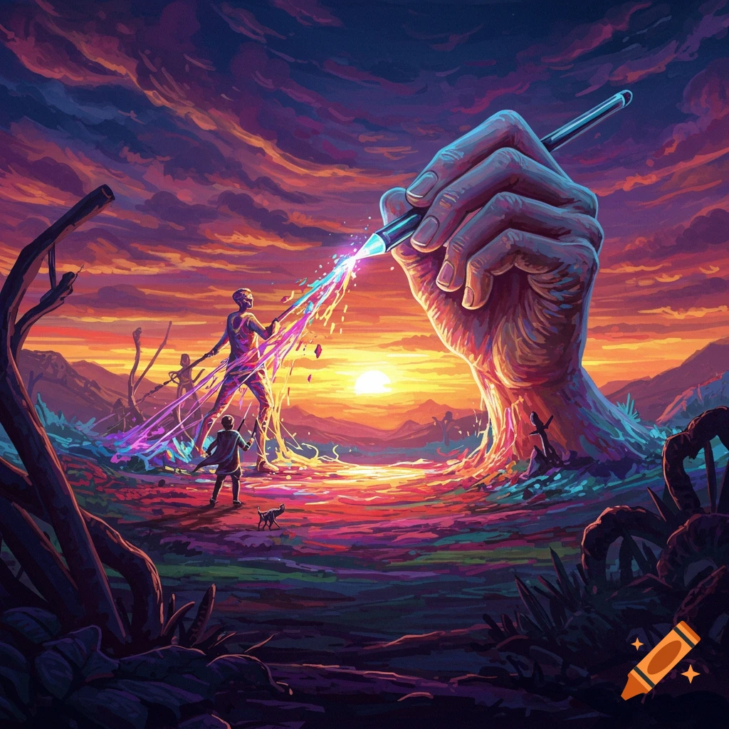 A giant hand holding a glowing pen draws colorful light into a vibrant, surreal fantasy landscape at sunset with small figures.