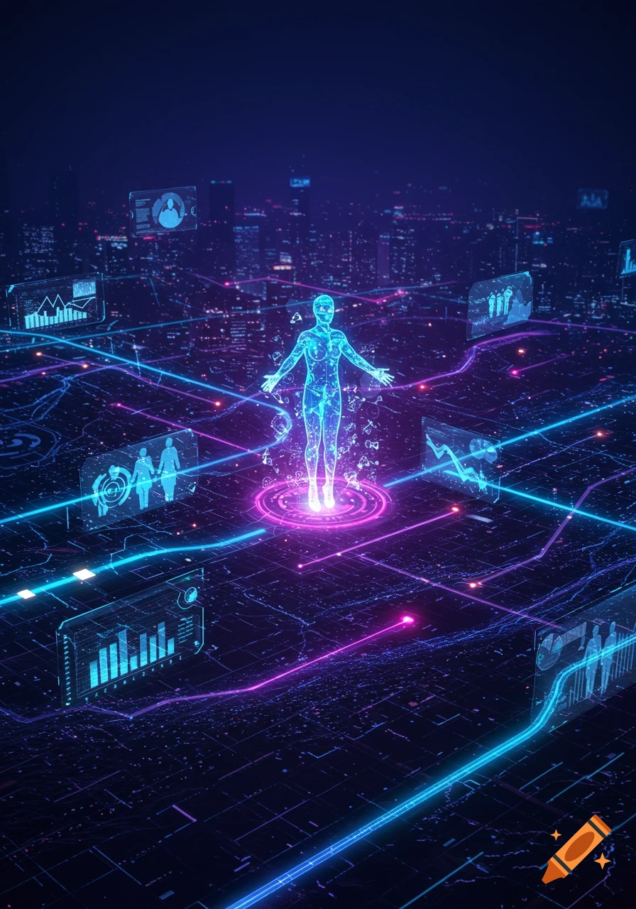 Glowing blue digital human figure on a pink platform in a futuristic neon city with data streams and holographic screens.