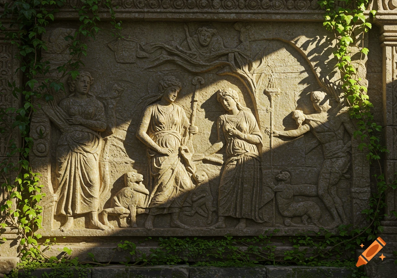 Ancient stone relief depicting classical figures and animals, partially covered in green ivy, bathed in dappled sunlight.
