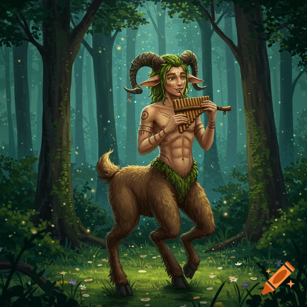 A green-haired satyr with ram horns and goat legs plays a pan flute in a mystical forest, digital art.