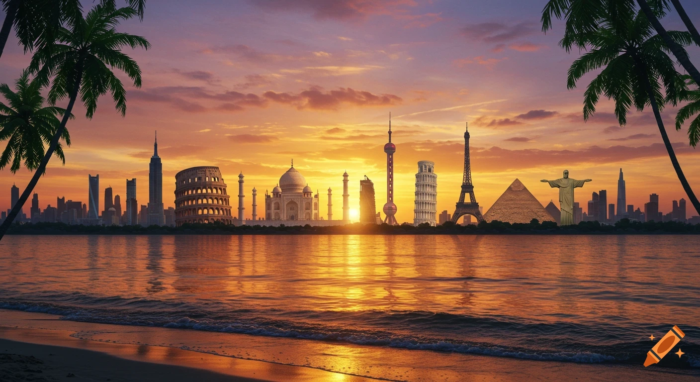 A vibrant sunset over a tropical beach with palm trees, reflecting in the ocean, showing a composite skyline of world-famous landmarks.