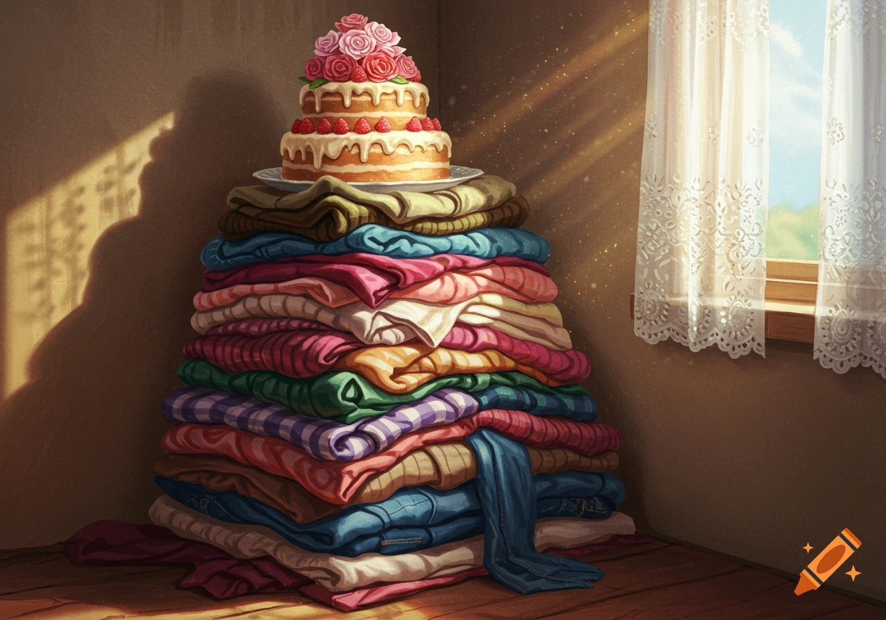A tall stack of colorful folded clothes with a two-tiered cake topped with pink roses and strawberries in a sunlit room.