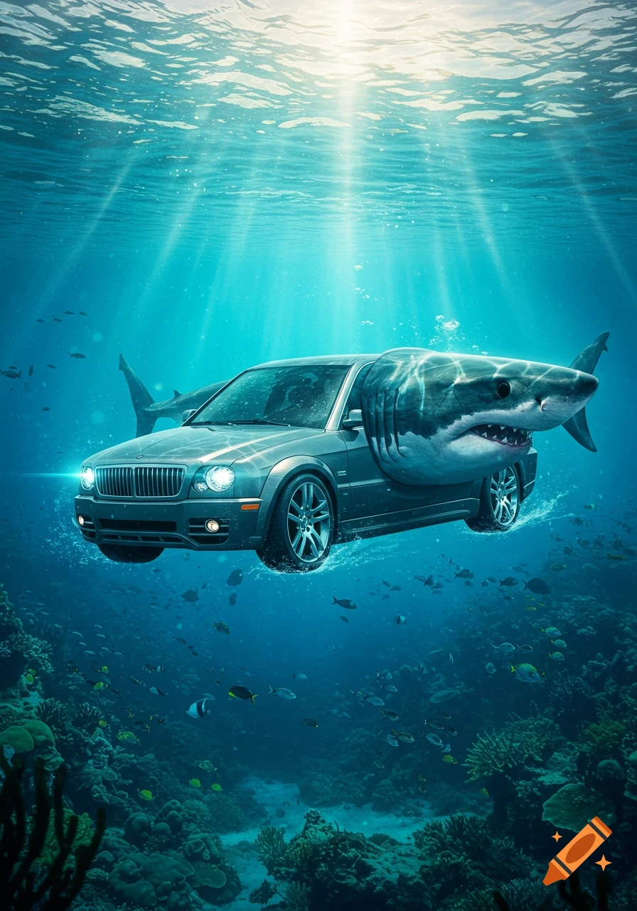 A photorealistic shark-headed car swims through a vibrant coral reef filled with diverse fish under sunlit water.