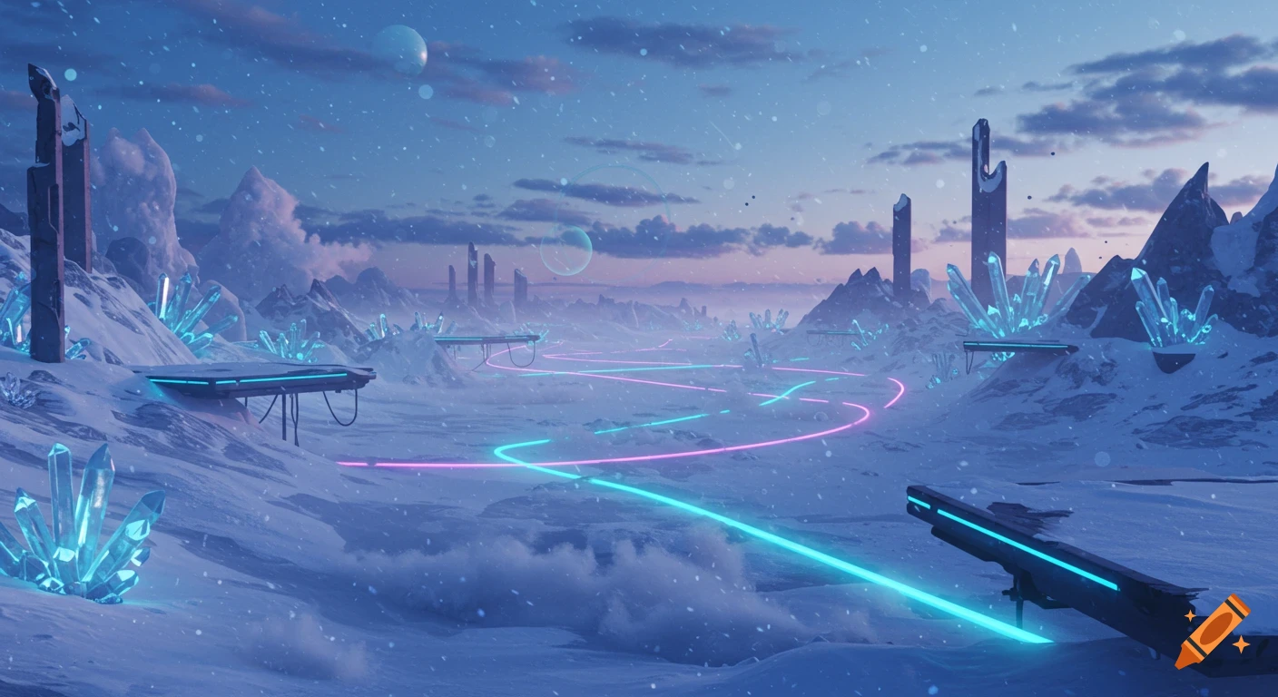 A vibrant, futuristic snowy landscape at twilight with neon rivers, glowing crystals, metallic structures, and floating platforms.