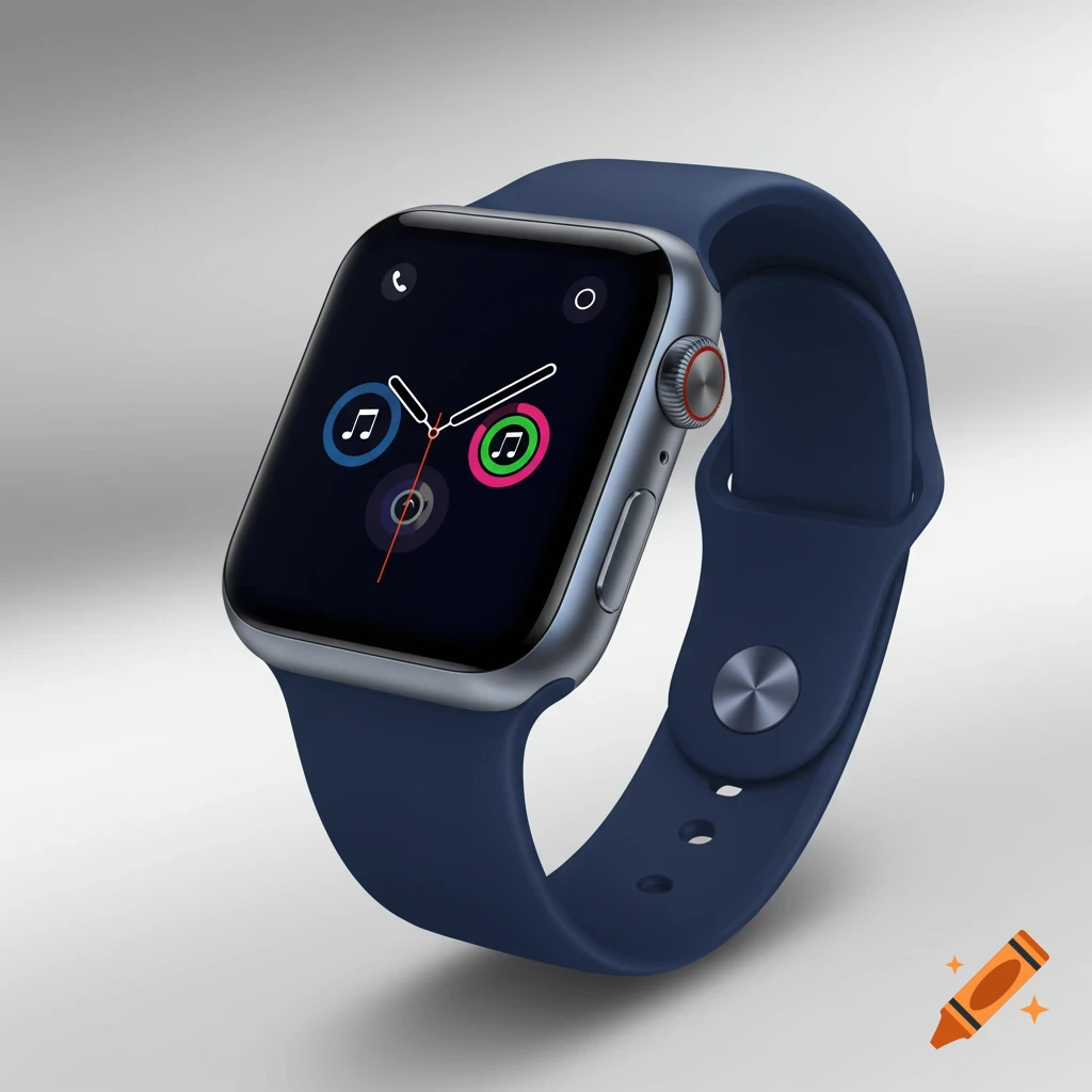 A silver Apple Watch with a dark blue sport band displays a dark watch face with colorful activity rings and music controls.