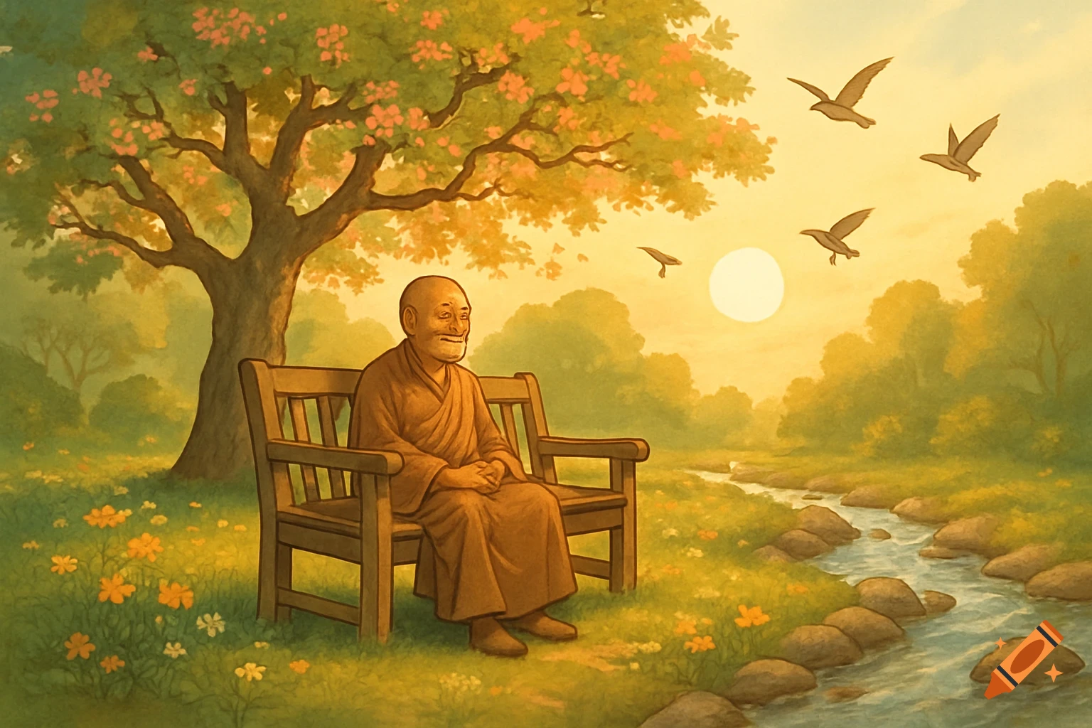 A monk sits on a bench under a blossoming tree, watching birds fly over a stream at sunset in an illustrative style.