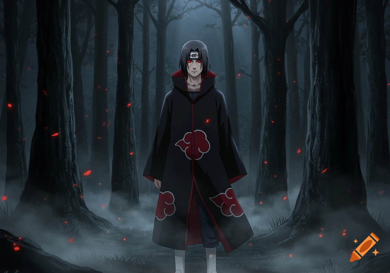 Itachi Uchiha with glowing red eyes stands in a dark, misty forest wearing a black cloak with red clouds.