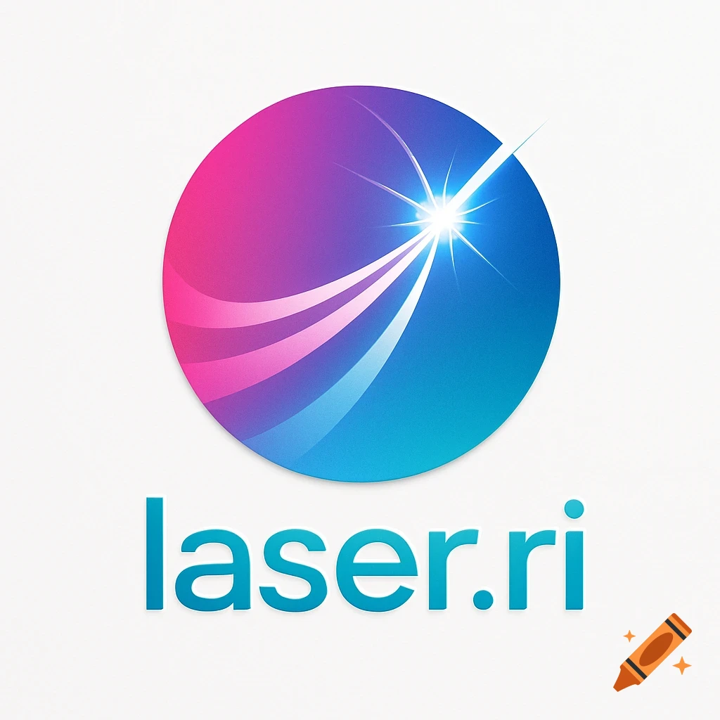 A vibrant logo with a circular gradient from pink to blue, featuring a bright starburst and light streaks, with the text 'laser.ri' below it.