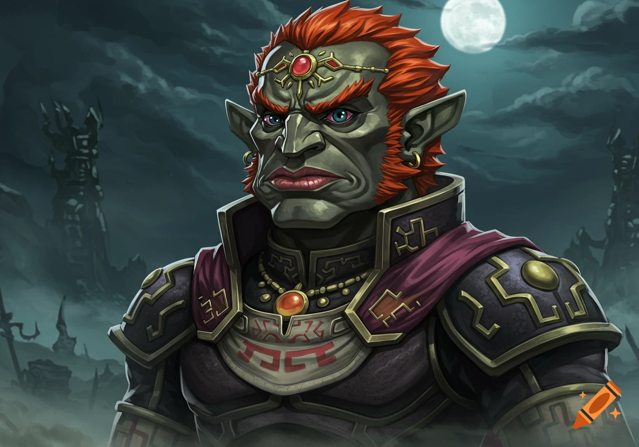 Close-up portrait of Ganondorf from Zelda, with orange hair, duck lips, and a prominent cleft chin, wearing ornate armor. He is set against a dark, cloudy sky with a full moon and eerie structures in the background, in a stylized, painterly art style.