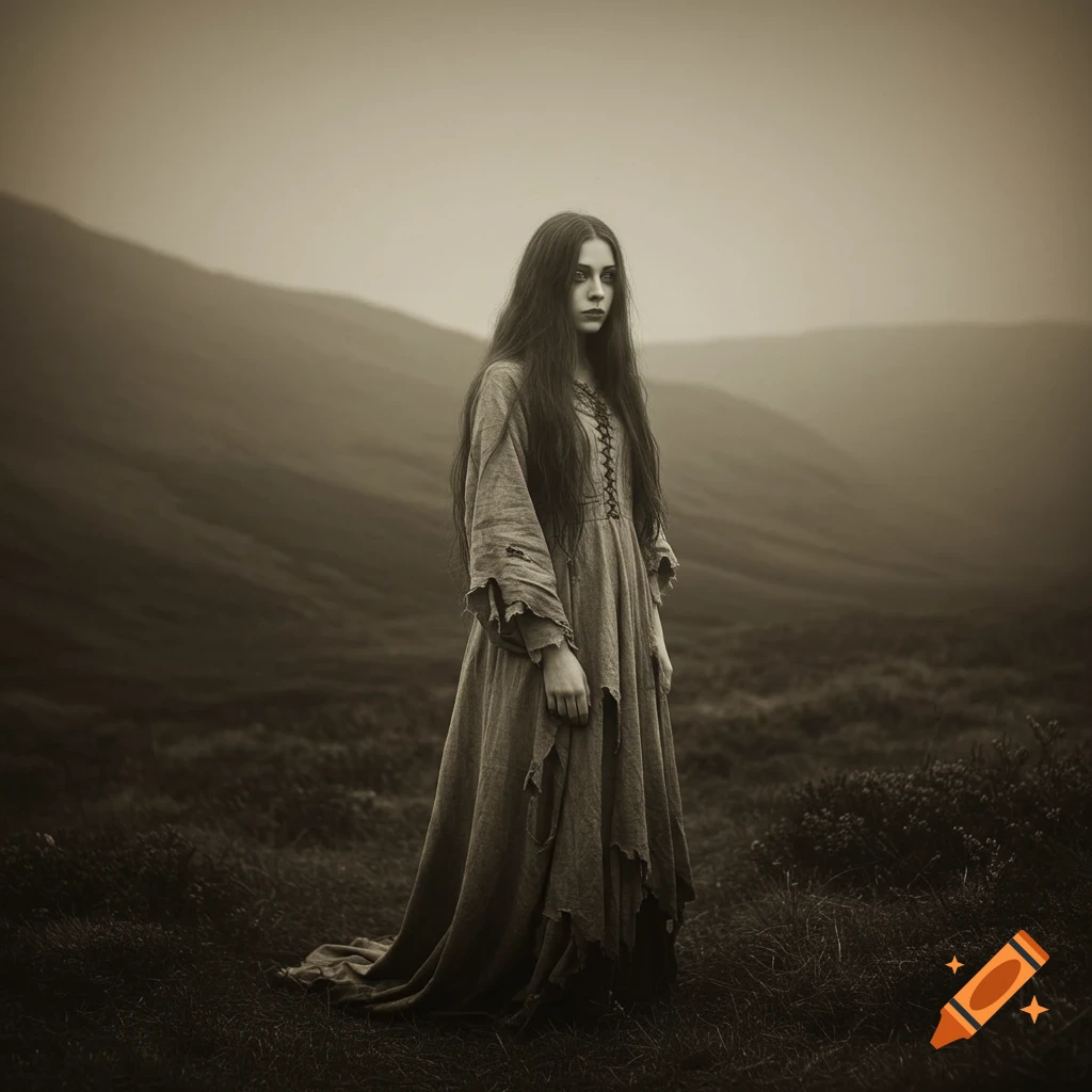 A melancholic woman with long dark hair in a tattered dress stands in a misty, sepia-toned glen.