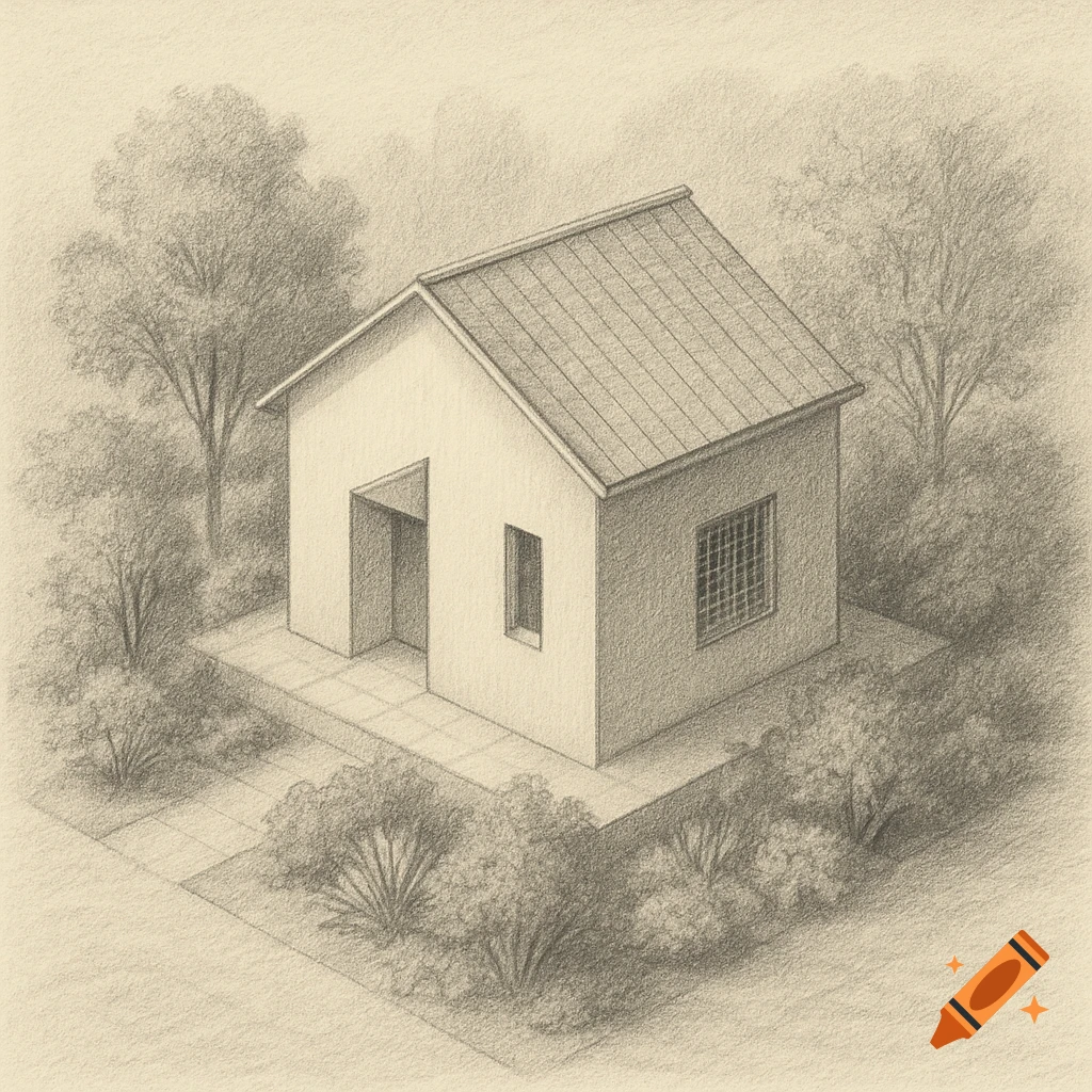 Axonometric pencil sketch of a small house surrounded by trees and bushes on a path.