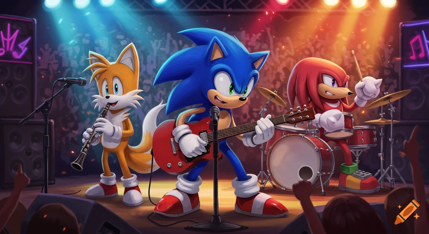 Sonic the Hedgehog plays an electric guitar, Tails plays a clarinet, and Knuckles plays drums on a brightly lit stage in front of a crowd.