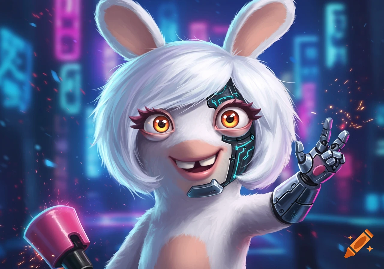 A cartoonish white Rabbid character with cybernetic enhancements, white bob hair, and large orange eyes smiles, making a peace sign in front of a neon cityscape.
