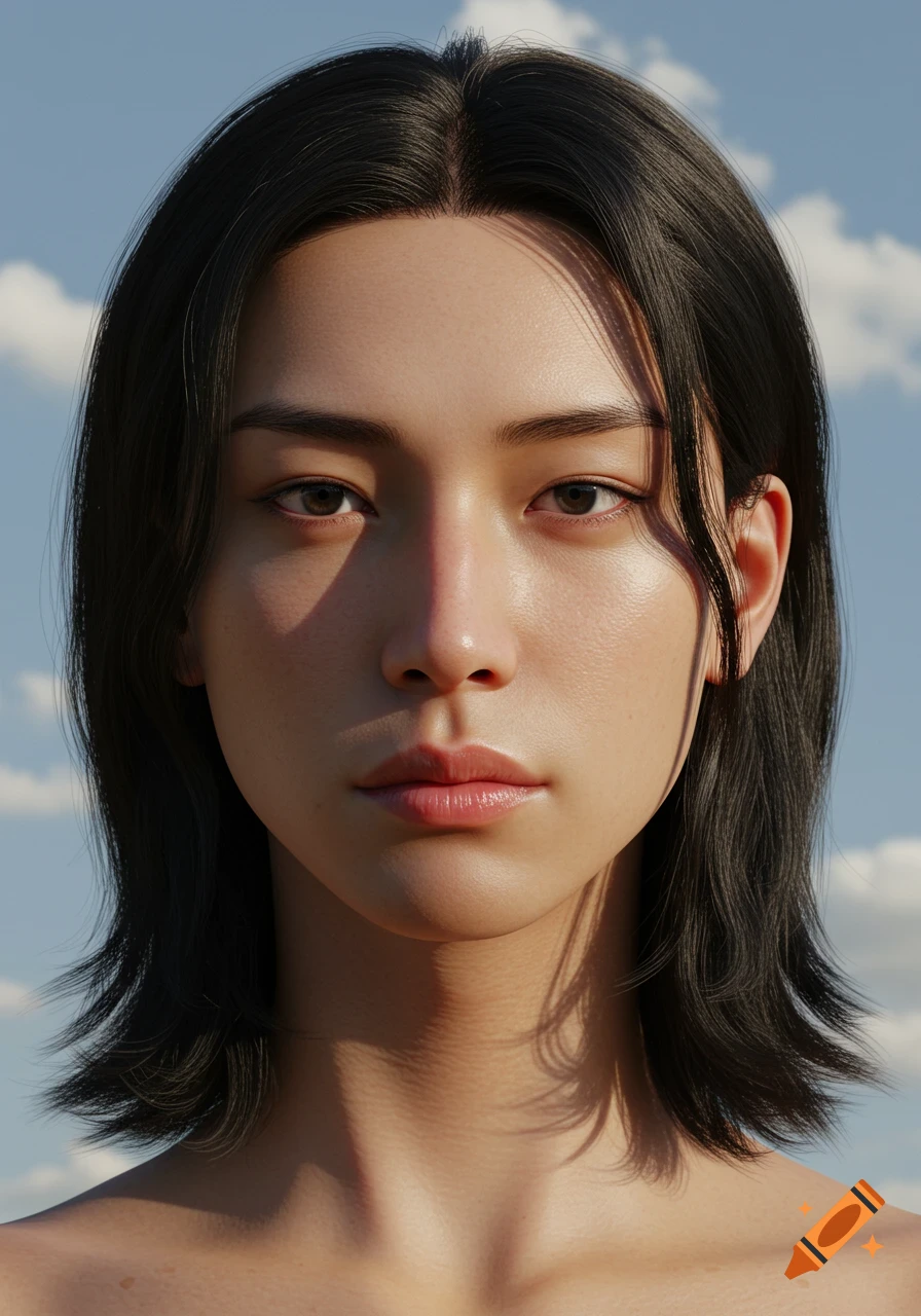 Hyper-realistic portrait of a person with dark hair and fair skin, looking forward, against a blue sky with clouds.