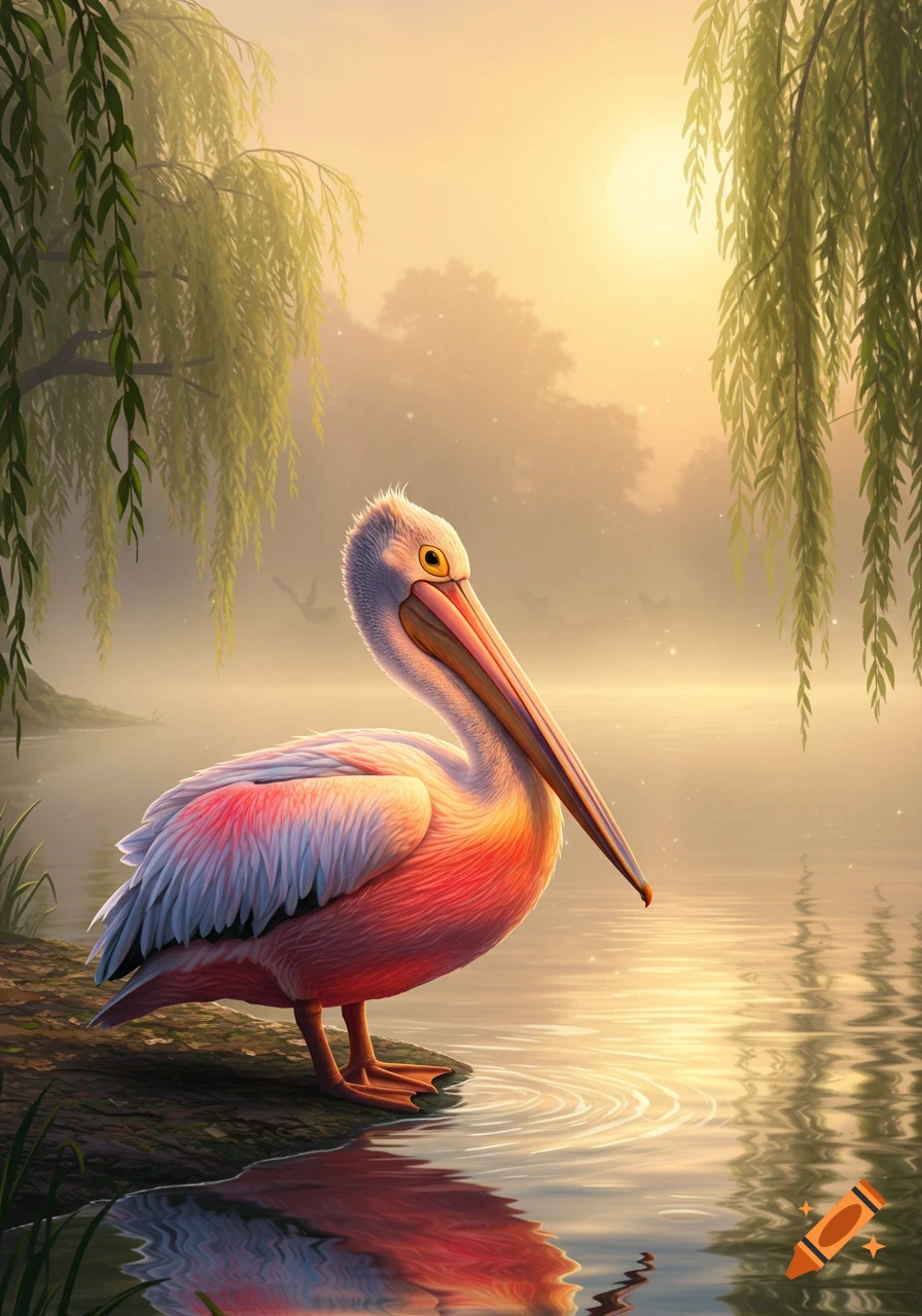 A vibrant pelican with pink and white feathers stands by a misty lake at sunrise, under willow branches.