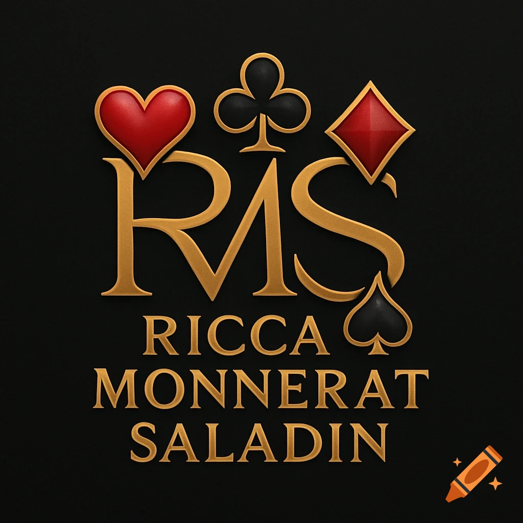 An elegant gold 3D logo with the letters 'RMS' flanked by red and black playing card suits on a black background, with 'RICCA MONNERAT SALADIN' below.