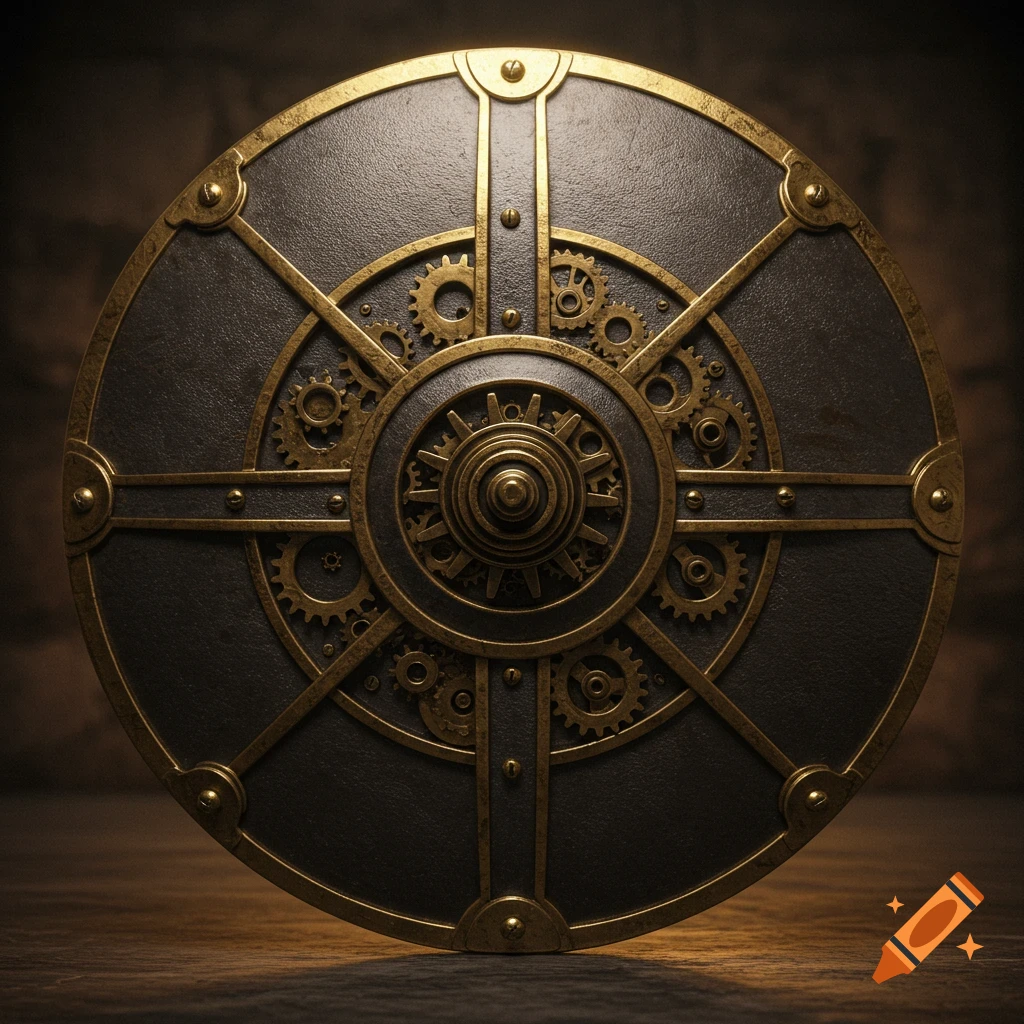 A detailed steampunk-style round shield made of dark metal with intricate gold gears and borders.