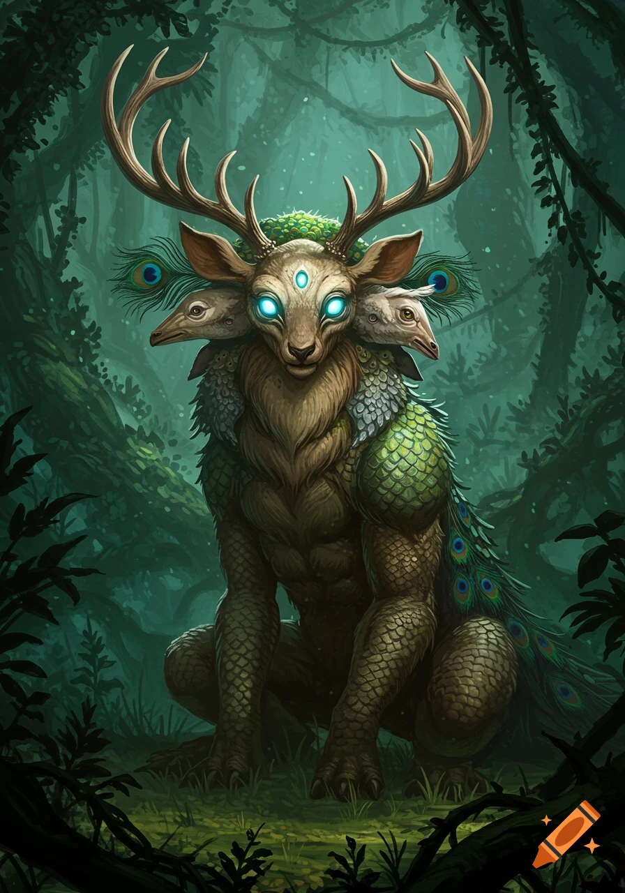 A multi-headed fantasy creature with deer antlers, glowing blue eyes, bird heads, scaled body, and peacock feathers sits in a dark, mystical forest.