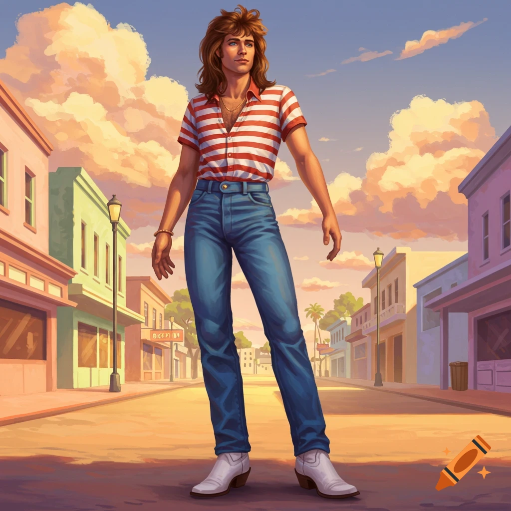 Illustration of a long-haired man in a red and white striped shirt, blue jeans, and white boots standing on a street.