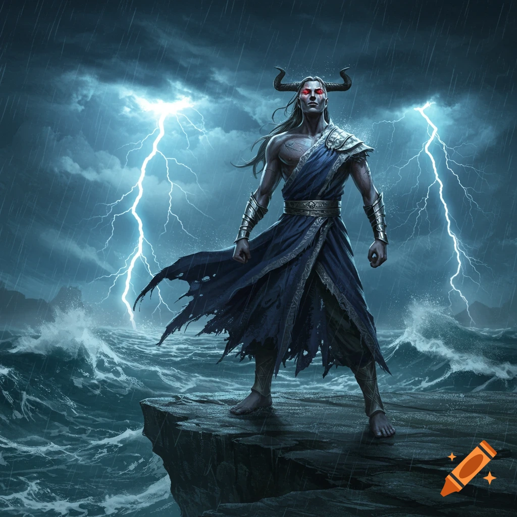 A powerful horned figure with glowing red eyes stands on a cliff overlooking a stormy sea with lightning strikes, in a dark fantasy style.