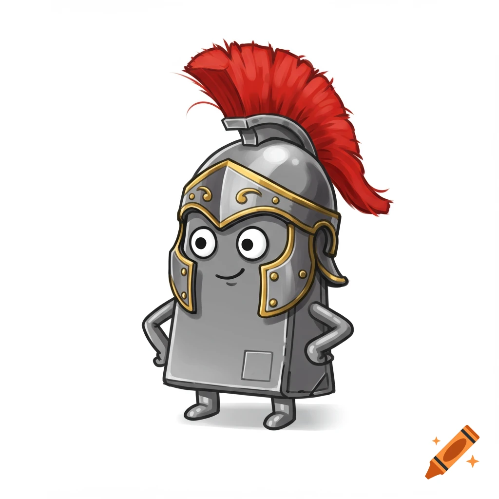 A cute, cartoonish anthropomorphic Microsoft Clippy character wearing a Roman centurion helmet with a red plume, standing confidently on a white background.