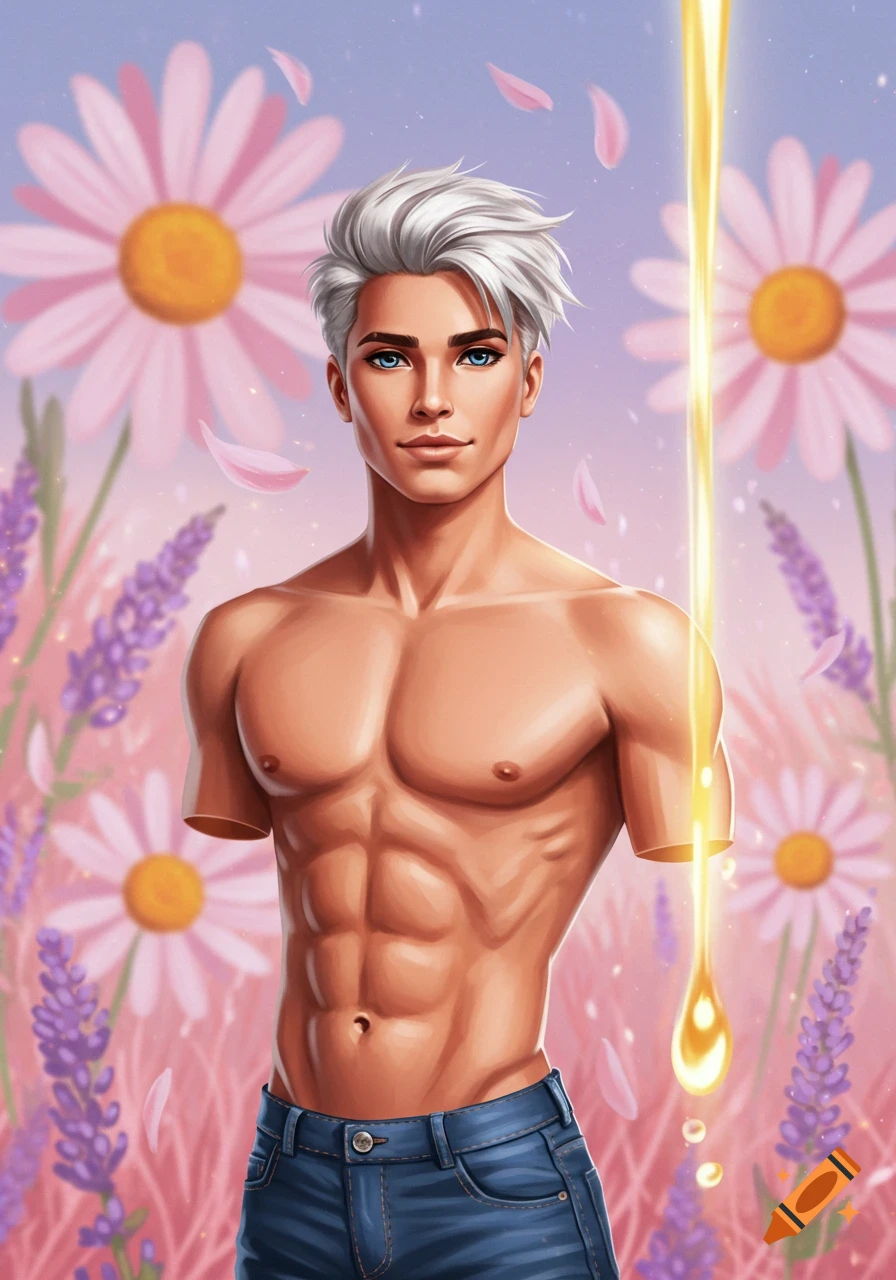 A stylized shirtless male character with white hair stands in a field of pink daisies and lavender, with golden liquid pouring from his arm.