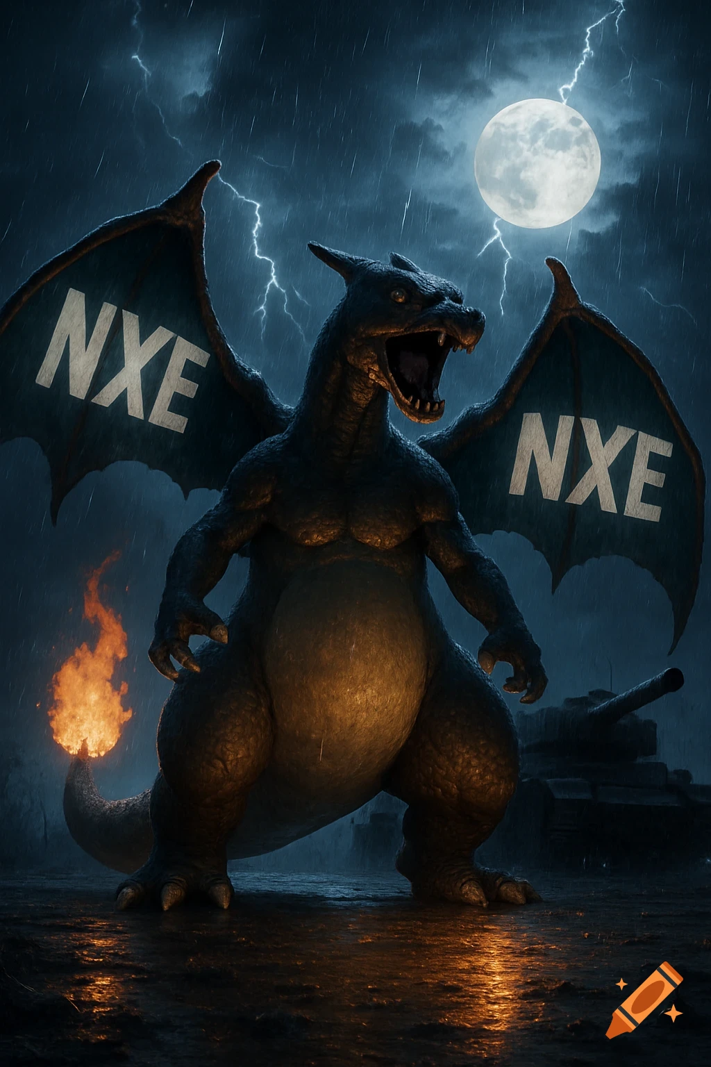 A photorealistic, menacing, dark Charizard-like creature with NXE on its wings stands in heavy rain under a full moon with lightning, a tank in the background.