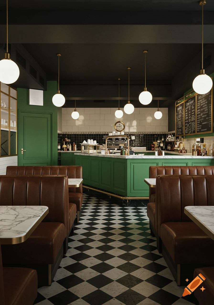 A stylish New York cafe interior with green counters, brown leather booths, marble tables, and a black and white checkered floor under a dark ceiling.