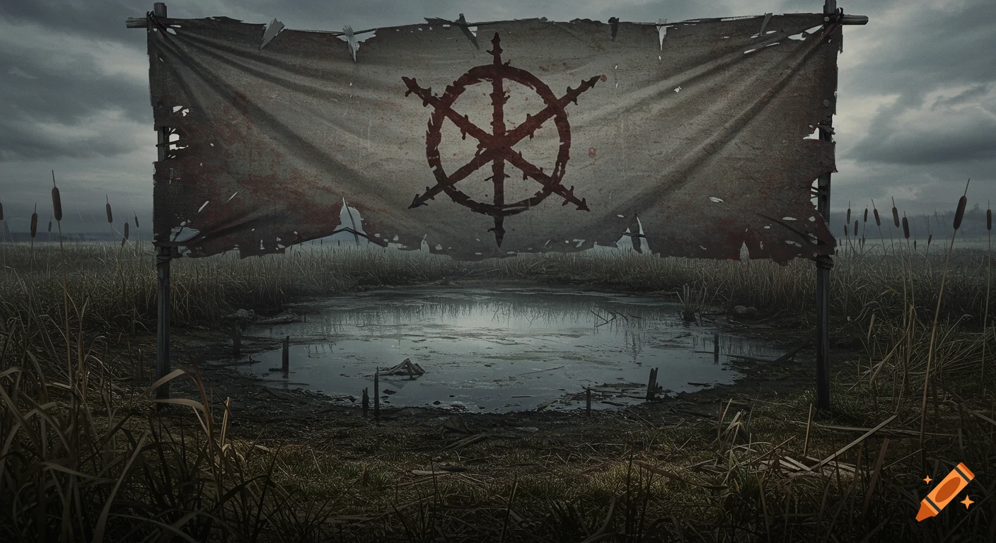 A tattered banner with a spiky wheel symbol stands in a desolate, murky swamp under a cloudy sky, surrounded by dead reeds.