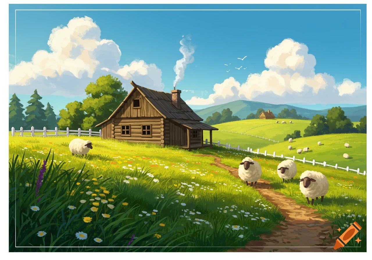 Cartoon-style landscape with a log cabin, green hills, a dirt path, and multiple sheep grazing under a blue sky.