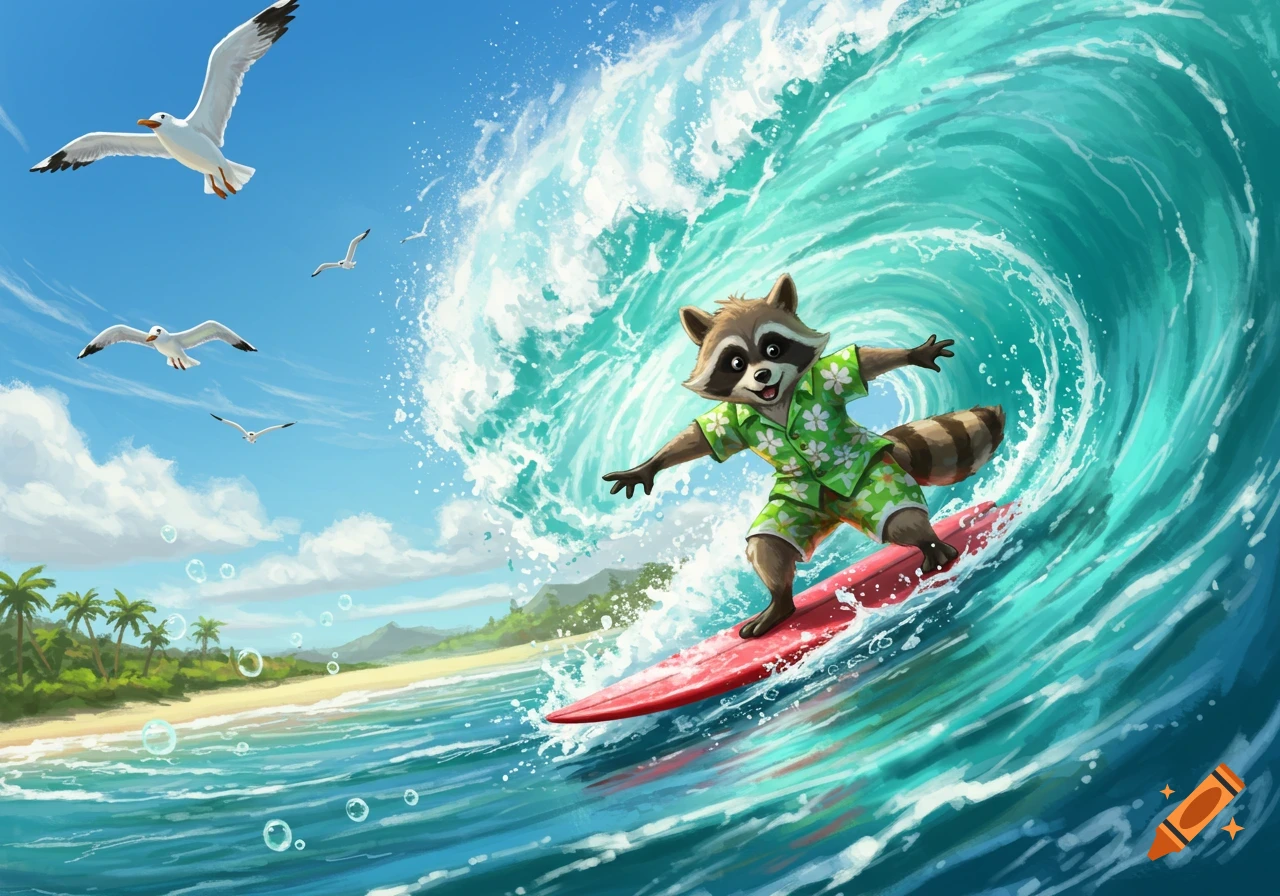 A cartoon raccoon in a green Hawaiian shirt and shorts surfs a large blue ocean wave, with seagulls flying over a tropical beach and palm trees in the background.