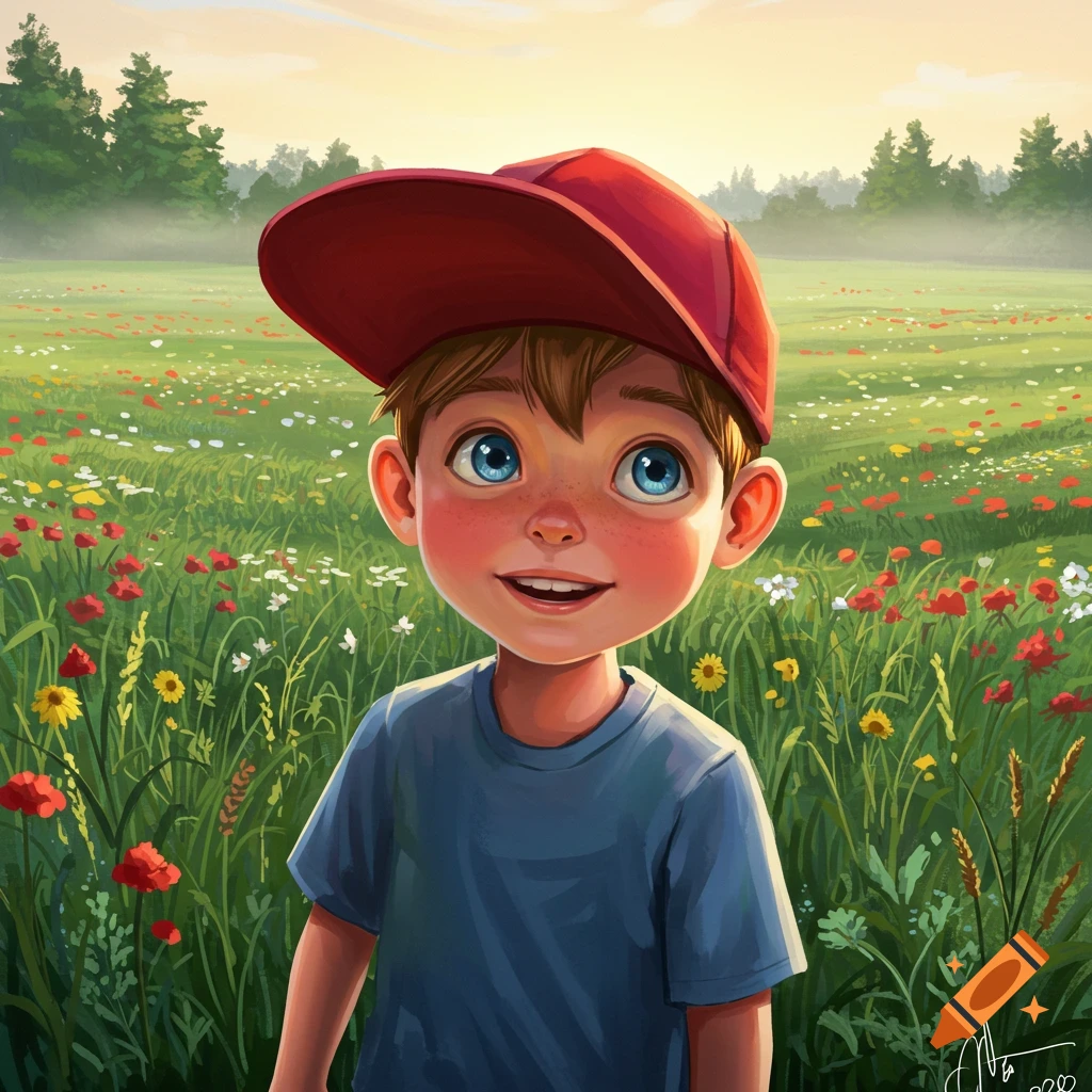 Smiling cartoon boy with a red hat and blue eyes in a sunlit field of wildflowers.