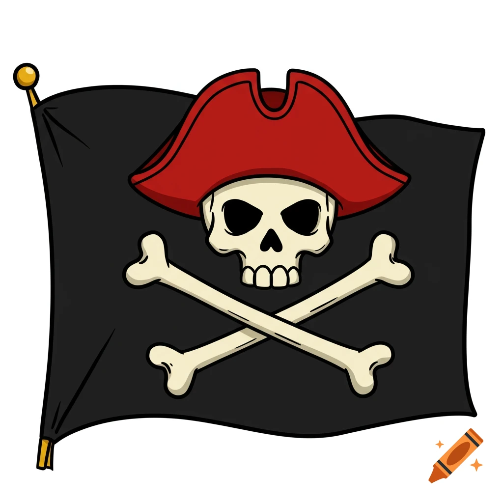 A cartoon-style pirate flag featuring a smiling skull wearing a red Phrygian cap above crossed bones on a black flag.