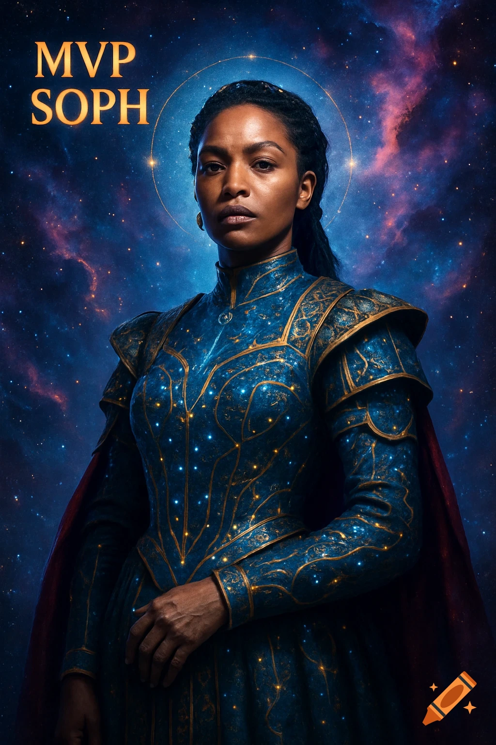 A Black woman in an ornate blue and gold starry outfit with a red cape. Cosmic background with 'MVP SOPH' text.