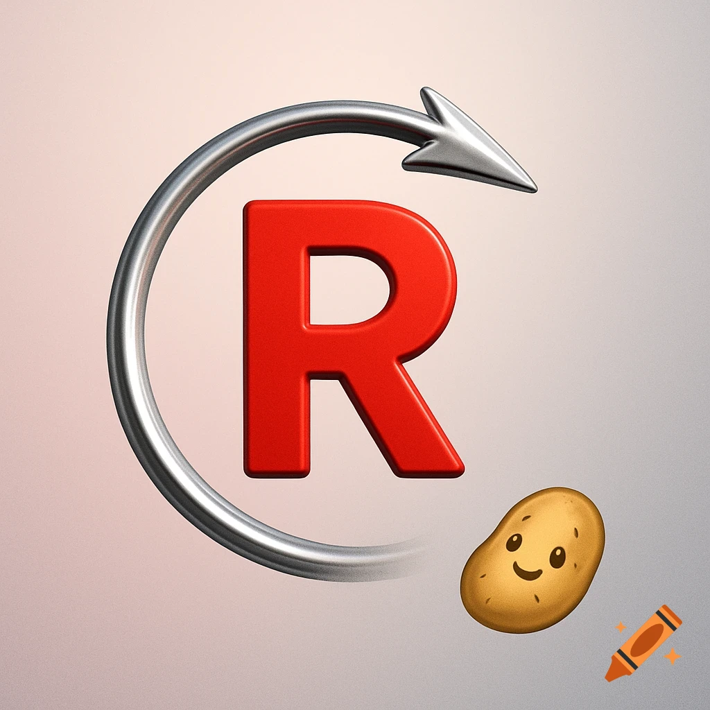 A red letter R with a silver curved arrow surrounding it, and a smiling potato emoji below on a gradient background.