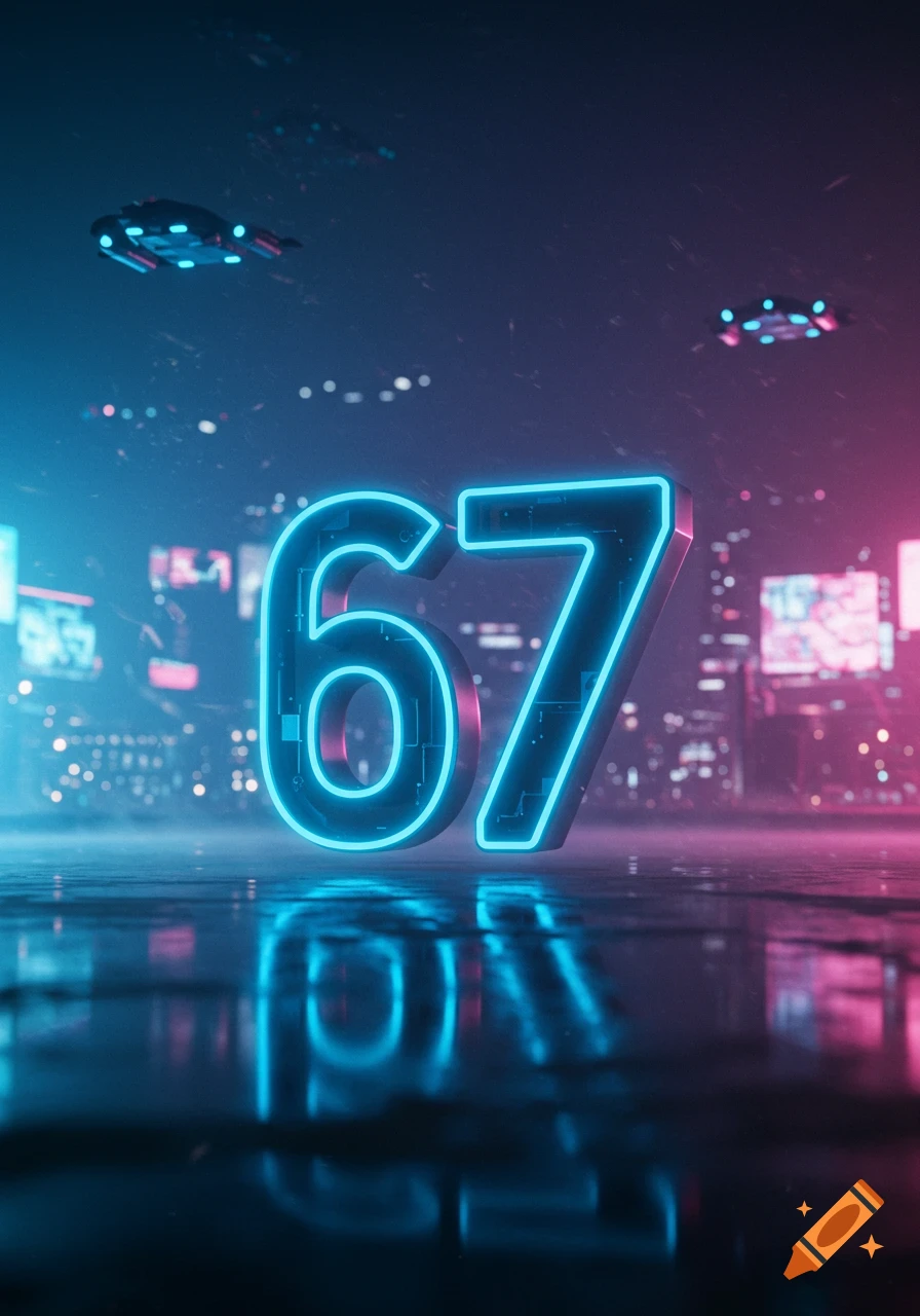A glowing neon blue and pink number '67' stands on a wet street in a futuristic cyberpunk city with flying vehicles.