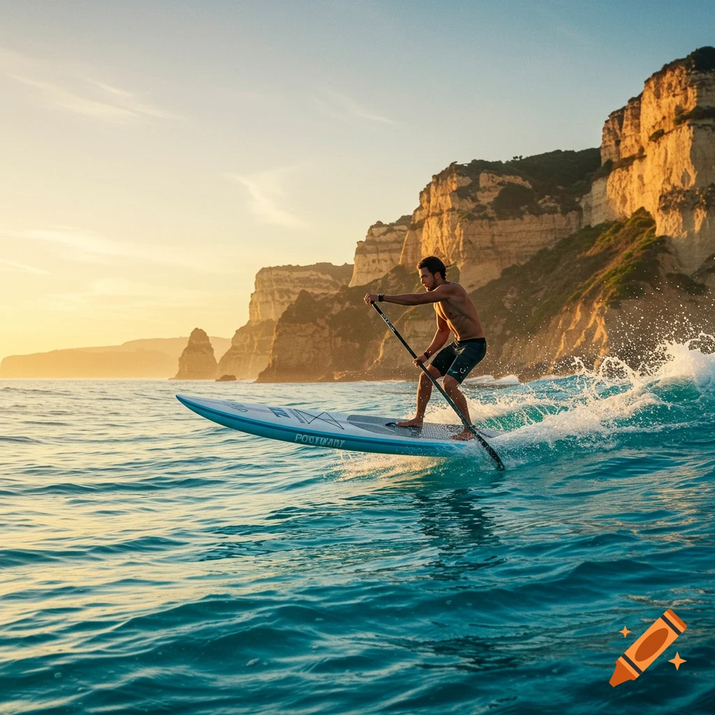 A man stand-up paddleboarding on a wave with cliffs and a sunset sky in the background.