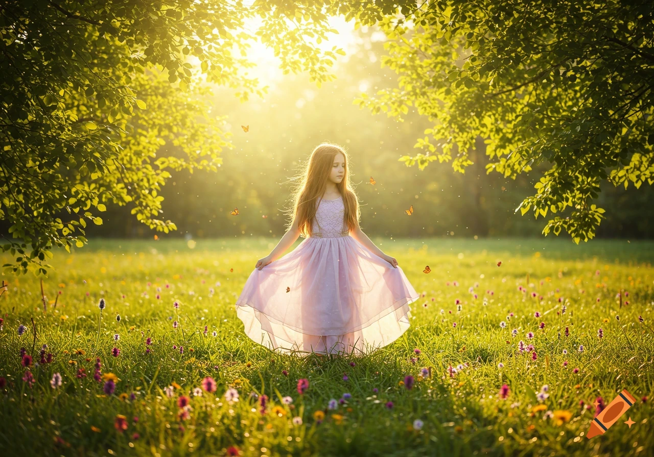 A young girl in a pink dress stands in a sunny field with trees and butterflies, bathed in golden light.