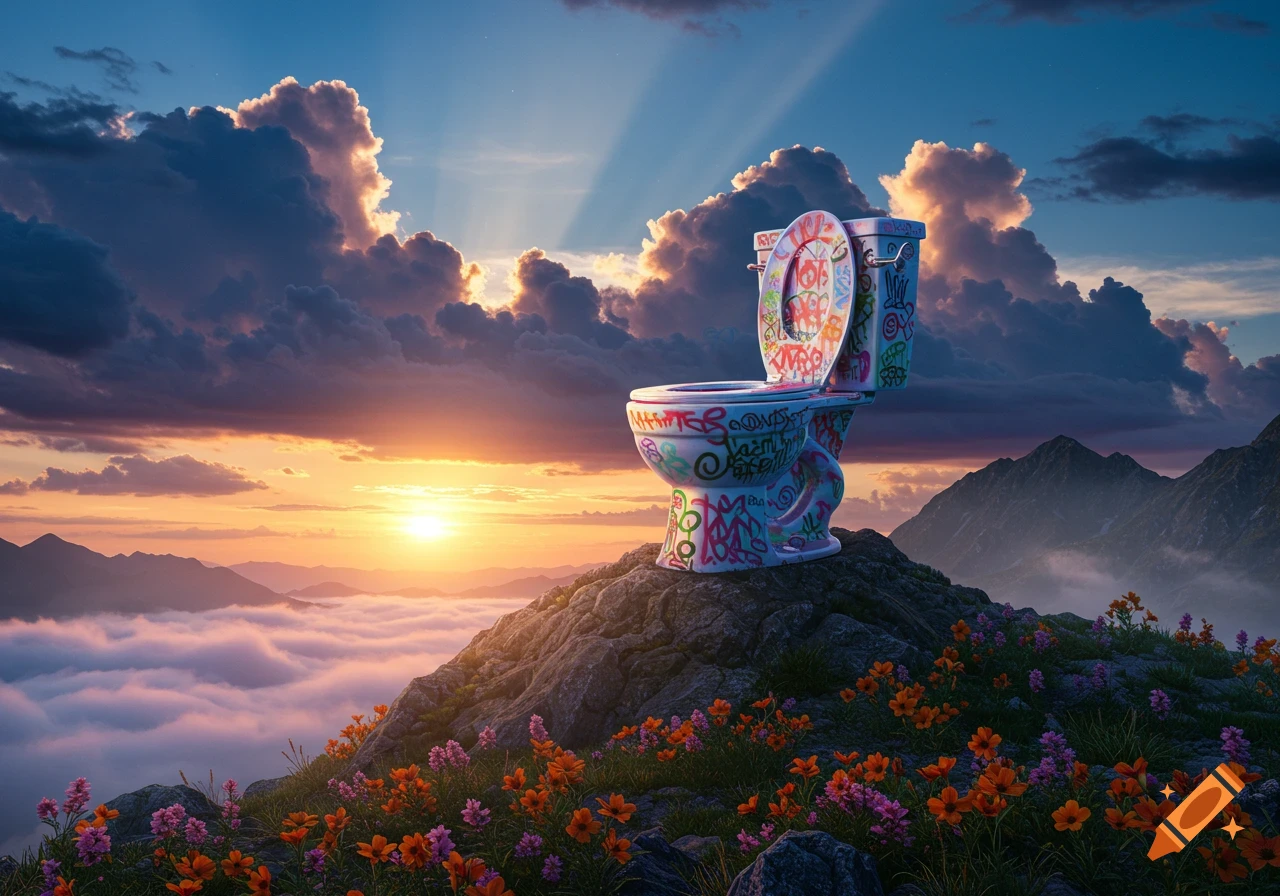 A white toilet covered in colorful graffiti sits on a rocky mountain peak, overlooking a valley filled with clouds at sunset.