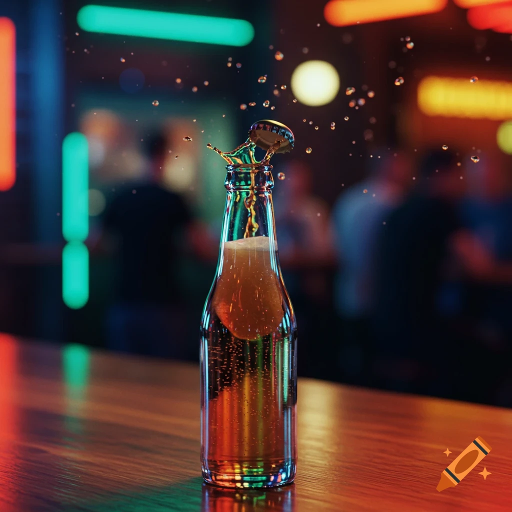 A bottle of amber liquid with its cap popping off, splashing liquid on a wooden bar counter in a neon-lit bar.