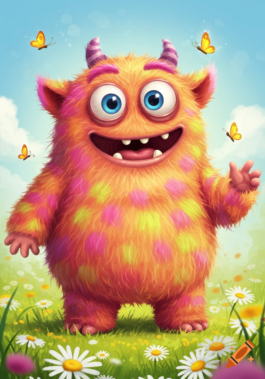 A fluffy orange monster with pink and yellow spots, blue eyes, and small horns smiles broadly in a field of daisies with butterflies flying around, cartoon style.