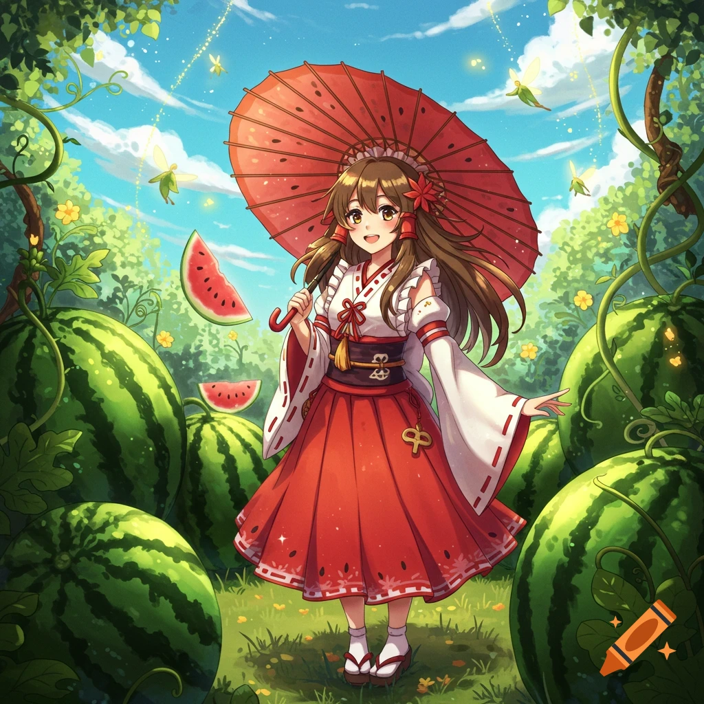 Anime girl in red kimono holding a parasol in a whimsical garden with flying fairies and large watermelons.